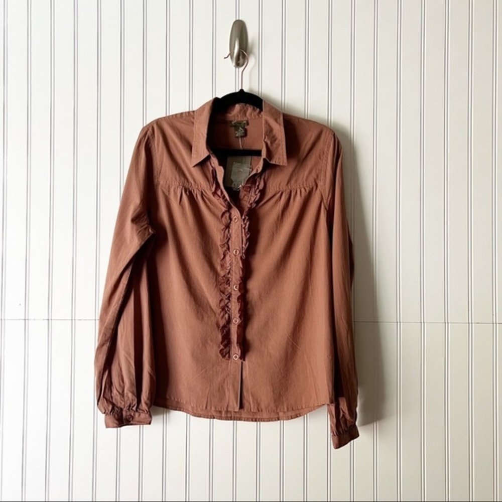 Anthropologie Fei Ruffle Front Brown Long Sleeve Blouse